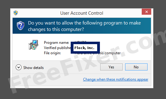 Screenshot where Flock, Inc. appears as the verified publisher in the UAC dialog